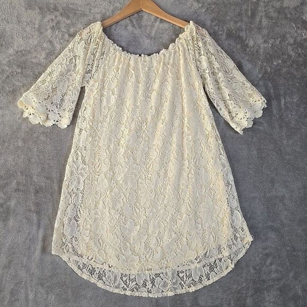 Umgee Top Womens M Cotton Blend Soft Yellow Open Knit Crochet Lace Tunic‎ Boho